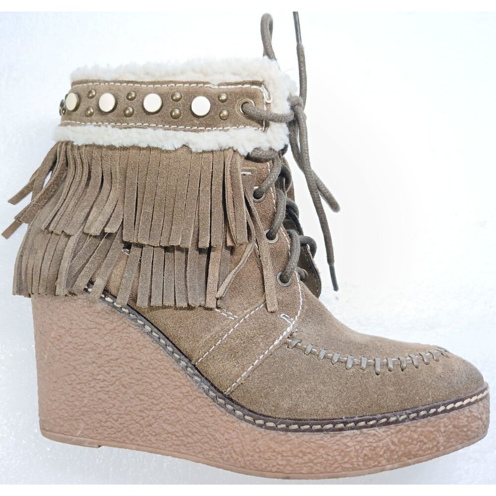 Sam Edelman Taupe Suede Fringe Wedge Ankle Boots Women’s 8